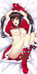  1girl :d black_hair blush boots bound bound_legs bound_wrists breasts capelet clock_eyes date_a_live full_body fur_trim gloves hat heterochromia high_heel_boots high_heels highres long_hair looking_at_viewer lying medium_breasts nipples on_back open_mouth panties red_eyes red_footwear red_panties red_skirt ribbon ribbon_bondage ribbon_bra santa_costume santa_gloves santa_hat skirt smile solo symbol-shaped_pupils teeth tokisaki_kurumi topless twintails underwear upper_teeth_only yellow_eyes z1npool  rating:Explicit score:52 user:danbooru