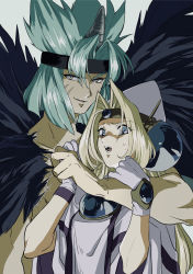  1990s_(style) 1boy 1girl aqua_hair black_headband black_wings blonde_hair blue_eyes circlet filia_ul_copt gloves grey_background hat headband highres holding_another&#039;s_wrist horns long_hair nagisa_iwa open_mouth parted_bangs retro_artstyle scar scar_on_face scared simple_background single_horn slayers slayers_try sweat upper_body valgarv_(slayers) veins veiny_arms white_gloves white_headwear wings 