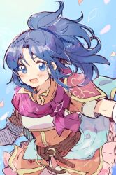  1girl :d armor blue_eyes blue_hair blue_sky breastplate fire_emblem fire_emblem:_new_mystery_of_the_emblem kris_(female)_(fire_emblem) kris_(fire_emblem) long_hair looking_at_viewer mbkmmm nintendo open_mouth orange_shirt ponytail shirt short_sleeves shoulder_armor sky smile solo upper_body 
