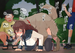 1girl 2boys all_fours artist_request bestiality blurry blurry_background blush clothed_sex collar dog doggystyle full_body green_eyes kantai_collection long_hair multiple_boys noshiro_(kancolle) outdoors public_indecency sandals sex sex_from_behind shoes squatting standing tsurugi_(the_horizon) watching rating:Explicit score:273 user:DoctorWasabi