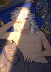  1boy arm_up bed black_hat book card closed_mouth collarbone commentary_request crack_of_light cyno_(genshin_impact) dark-skinned_male dark_skin genius_invokation_tcg genshin_impact hair_between_eyes hat indoors long_hair looking_at_viewer lying male_focus messy_hair on_back one_eye_closed parted_bangs pillow playing_card red_eyes solo stuffed_animal stuffed_toy tassel topless_male under_covers unworn_hat unworn_headwear waking_up white_hair yonaka_(yonaka221) 