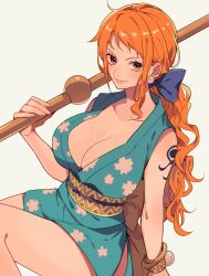 1girl bangle bare_legs bare_shoulders blue_kimono blue_ribbon bracelet breasts cleavage clima-tact closed_mouth collarbone curvy earrings feet_out_of_frame floral_print_kimono hair_ribbon highres holding holding_staff holding_weapon japanese_clothes jewelry kimono kurage20001 large_breasts log_pose long_hair looking_at_viewer low_ponytail nami_(one_piece) nami_(one_piece)_(wano) obi official_alternate_costume official_alternate_hairstyle one_piece orange_eyes orange_hair pearl_earrings ribbon sash shiny_skin short_kimono shoulder_tattoo simple_background single_earring sitting sleeveless sleeveless_kimono smile solo staff tattoo wavy_hair weapon wide_hips