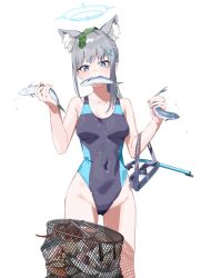  1girl abydos_high_school_swimsuit animal animal_ear_fluff animal_ears black_cola blue_archive blue_eyes collarbone commentary_request competition_school_swimsuit dual_wielding fish fishnets grey_hair hair_between_eyes halo highleg highleg_swimsuit holding holding_animal holding_fish looking_at_viewer low_ponytail medium_hair mouth_hold official_alternate_costume official_alternate_hairstyle school_swimsuit seaweed shiroko_(blue_archive) shiroko_(swimsuit)_(blue_archive) sidelocks simple_background snorkel snorkel_mask solo swimsuit wet wet_clothes wet_swimsuit white_background wolf_ears wolf_girl 