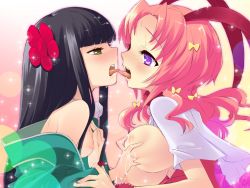 2girls alice_parade black_hair blush breasts female_focus french_kiss grabbing grabbing_another&#039;s_breast green_eyes hair_ornament highres ito_noizi kiss lactation large_breasts long_hair luna_(alice_parade) multiple_girls nipple_stimulation nipple_tweak nipples open_clothes open_mouth open_shirt pink_hair purple_eyes shirt short_hair small_breasts sparkle tongue yaname_(alice_parade) yuri rating:Questionable score:41 user:danbooru