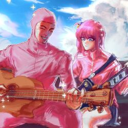  1boy 1girl blue_eyes bocchi_the_rock! closed_eyes cloud commentary day english_commentary filthy_frank gotoh_hitori guitar hair_ornament highres holding holding_instrument hood hood_up instrument jacket long_hair music one_side_up open_clothes open_jacket pink_hair pink_jacket playing_instrument sincostine sitting sky sparkle tvfilthyfrank 