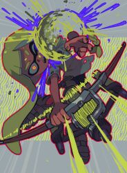 1girl bike_shorts blunt_bangs bow_(weapon) braid caffstrink emphasis_lines explosion eye_mask eyebrow_cut fang fishing_line floating full_body glowing glowing_eye green_eyes green_hair green_nails highres holding holding_bow_(weapon) holding_weapon ink inkling inkling_girl inkling_player_character multicolored_eyes nintendo one_eye_closed open_mouth orange_pupils paint_splatter severed_limb shade shirt shoes short_hair_with_long_locks side_braid sneakers solo splatoon_(series) splatoon_3 t-shirt tentacle_hair thick_eyebrows torn_clothes torn_shirt tri-stringer_(splatoon) v-shaped_eyebrows weapon wide-eyed