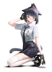  1girl absurdres animal_ears arknights artist_name averting_eyes black_footwear black_gloves black_necktie black_skirt blue_hair breasts cat_ears cat_girl cat_tail collared_shirt commentary ears_down english_commentary gloves green_eyes green_gloves hand_on_headset headset high_ponytail highres id_card jessica_(arknights) kneeling medium_hair miniskirt multicolored_hair necktie pink_hair pleated_skirt shadow shirt short_sleeves simple_background skirt solo tail thighhighs two-tone_gloves vladislav_ton white_background white_shirt white_thighhighs 