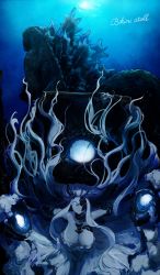  1girl abyssal_jellyfish_princess abyssal_ship blue_eyes breasts cleavage colored_skin crossover dress godzilla godzilla_(series) highres kaijuu kantai_collection large_breasts long_hair mizuchi_(mizuchi7118) monster_girl sea_monster solo spikes strapless strapless_dress toho underwater very_long_hair white_dress white_hair white_skin 