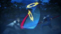  1boy 1girl animated animated_gif armor artoria_pendragon_(all) artoria_pendragon_(fate) cu_chulainn_(fate/stay_night) epic fate/stay_night fate_(series) fighting night polearm ponytail saber_(fate) spear sword tree weapon 