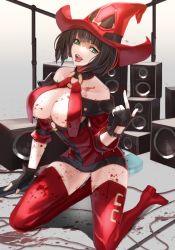 1girl bad_id bad_pixiv_id bare_shoulders beckoning black_gloves black_hair blood blood_on_clothes blood_stain blunt_bangs boots breasts cleavage fingerless_gloves full_body gloves green_eyes guilty_gear hat i-no instrument kneeling large_breasts licking_lips looking_at_viewer mingou91 mole o-ring o-ring_top open_mouth red_footwear red_hat red_thighhighs short_hair solo speaker thigh_boots thighhighs tongue tongue_out witch_hat