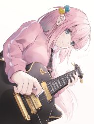  1girl ajigo blue_eyes bocchi_the_rock! commentary cube_hair_ornament gotoh_hitori guitar hair_ornament highres holding holding_plectrum instrument jacket long_hair pink_hair pink_jacket pink_track_suit plectrum simple_background solo track_jacket white_background 