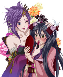  2girls bare_shoulders black_hair blue_eyes blush brown_eyes character_request detached_sleeves dress earrings female_focus flower golden_yasha hair_ornament happy japanese_clothes jewelry kimono lipstick long_hair makeup mirror multiple_girls nail_polish nouhime open_mouth purple_hair red_ribbon ribbon sengoku_musou sengoku_musou_3 strapless strapless_dress surprised twintails very_long_hair wink yuri 