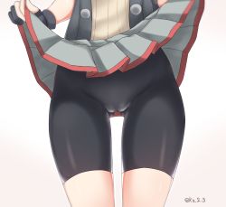  1girl absurdres abukuma_(kancolle) abukuma_kai_ni_(kancolle) bad_id bad_pixiv_id bike_shorts black_gloves black_jacket buttons cameltoe close-up clothes_lift commentary gloves gluteal_fold gradient_background grey_skirt groin highres ibuki_grunt jacket kantai_collection lifting_own_clothes partially_fingerless_gloves pleated_skirt shorts shorts_under_skirt simple_background skirt skirt_lift solo thighs twitter_username white_background  rating:Questionable score:26 user:danbooru