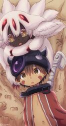  1boy 1girl :o artist_name brown_background brown_eyes brown_hair cape child clant_st claws dark-skinned_female dark_skin extra_arms eye_contact fake_horns fang faputa furry gradient_eyes hair_between_eyes helmet highres horned_headwear horned_helmet horns looking_at_another made_in_abyss multicolored_clothes multicolored_eyes multiple_tails navel open_mouth pointy_ears red_cape red_claws regu_(made_in_abyss) robot sharp_teeth tail teeth tooth topless_male upper_teeth_only white_fur white_hair yellow_eyes 