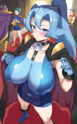  2boys 2girls black_cape blue_bodysuit blue_eyes blue_gloves blue_hair blush bodysuit boots breasts cape choker clair_(pokemon) collarbone covered_navel creatures_(company) dragon_tamer_(pokemon) earrings game_freak gloves highres jewelry jirusu knee_boots large_breasts long_hair looking_at_viewer multiple_boys multiple_girls nintendo pokemon pokemon_dppt pokemon_hgss pokemon_oras pokemon_sv ponytail solo_focus 