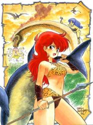  1990s_(style) akaishizawa_takashi animal_print artist_name axe bikini blonde_hair blue_hair breasts carrying_over_shoulder cleavage daitokuji_biko dated dinosaur holding holding_axe holding_spear holding_weapon jewelry kotobuki_shiiko leopard_print long_hair looking_at_viewer magami_eiko mouth_hold navel necklace non-web_source official_art open_mouth polearm prehistoric_animal project_a-ko red_eyes red_hair retro_artstyle spear swimsuit weapon  rating:Sensitive score:15 user:danbooru