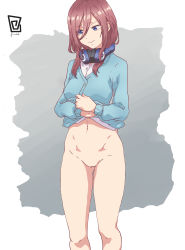 1girl absurdres blue_eyes blush bottomless breasts brown_hair cleavage closed_mouth collared_shirt curvy embarrassed go-toubun_no_hanayome groin hair_between_eyes headphones headphones_around_neck highres keihh legs_apart long_hair long_sleeves medium_breasts nakano_miku navel pussy shirt solo stomach thighs uncensored white_shirt  rating:Explicit score:186 user:keihh