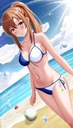  1girl absurdres aoyama_nanami ball beach beachball bikini blue_sky breasts brown_eyes brown_hair chinese_commentary cloud commentary_request commission day dutch_angle feet_out_of_frame front-tie_bikini_top front-tie_top highres horizon huanyi_huanhuanzi long_hair medium_breasts ocean outdoors pixiv_commission ponytail sakura-sou_no_pet_na_kanojo side-tie_bikini_bottom sidelocks sky solo starfish swimsuit two-tone_bikini  rating:Sensitive score:17 user:danbooru