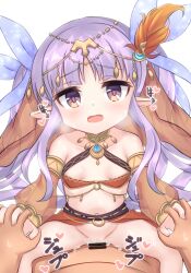  1boy 1girl bar_censor bare_shoulders blush breasts censored commentary_request cowgirl_position cum cum_in_pussy cum_overflow detached_sleeves girl_on_top hair_ornament hetero highres holding_hands interlocked_fingers jewelry kyoka_(princess_connect!) loli long_hair looking_at_viewer navel open_mouth ozu_yugurou paid_reward_available pointy_ears pov pov_crotch pov_hands princess_connect! purple_eyes purple_hair see-through see-through_sleeves sex small_breasts solo_focus sound_effects straddling vaginal 