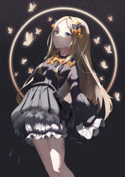  abigail_williams_(fate) absurdres black_bow black_dress blonde_hair bloomers blue_eyes bow breasts bug butterfly dark_background dress fate_(series) highres insect jewelry long_hair orange_bow ring small_breasts space thighs underwear  rating:General score:8 user:ZakKaioken