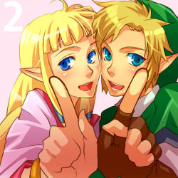  1boy 1girl blonde_hair blue_eyes cheek-to-cheek face-to-face gloves hat heads_together link nintendo no114 pointy_ears princess_zelda smile the_legend_of_zelda the_legend_of_zelda:_skyward_sword 