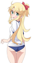  1girl :3 absurdres ass blonde_hair bloomers blue_bloomers bow commentary_request from_behind green_eyes gym_uniform hair_bow highres himesaka_noa long_hair looking_at_another looking_at_viewer naruse_mai parted_lips ponytail red_bow shirt simple_background solo standing thigh_gap thighs underwear very_long_hair watashi_ni_tenshi_ga_maiorita! white_background white_shirt 