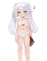  1girl ? bare_arms bare_shoulders blush book bow bow_bra bra closed_mouth collarbone commentary_request dokomon elf flat_chest frieren full_body green_eyes grey_hair highres holding holding_book long_hair looking_at_viewer navel panties parted_bangs pointy_ears short_eyebrows simple_background solo sousou_no_frieren standing strapless strapless_bra thick_eyebrows twintails underwear underwear_only very_long_hair white_background white_bra white_panties 