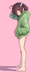  1girl ahoge ass barefoot brown_eyes brown_hair casual closed_mouth commentary dot_mouth drawstring full_body green_hoodie hakushi_(empty_blanc) hand_in_pocket hand_on_own_head headgear highres hood hood_down hoodie light_blush looking_at_viewer looking_down looking_to_the_side no_pants panties pink_background shadow sidelocks simple_background solo touhoku_kiritan twintails underwear voiceroid white_panties  rating:Sensitive score:5 user:danbooru