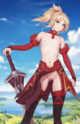  1girl bare_shoulders black_thighhighs blurry blurry_background braid clarent_(fate) cleft_of_venus clothing_aside cloud detached_collar detached_sleeves fate/apocrypha fate/grand_order fate_(series) gluteal_fold green_eyes hair_ornament hair_scrunchie highres mordred_(fate) navel nipples outdoors pelvic_curtain pelvic_curtain_aside personal_ami petite planted planted_sword planted_weapon ponytail pussy scrunchie skindentation sky solo sword thighhighs uncensored weapon wind  rating:Explicit score:138 user:danbooru