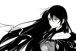  1girl bare_shoulders breasts cleavage cleavage_cutout closed_mouth clothing_cutout enoki_kino expressionless eyelashes hair_between_eyes large_breasts long_hair partially_colored solo tales_of_(series) tales_of_berseria upper_body velvet_crowe very_long_hair white_background yellow_eyes  rating:Sensitive score:1 user:danbooru