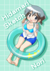  1girl barefoot bikini bikini_top_only blue_shorts blush breasts character_name collarbone copyright_name dot_nose feet female_focus full_body grey_eyes grey_hair hidamari_sketch highres inflatable_toy looking_at_viewer no_shoes no_socks nori_(hidamari_sketch) open_clothes open_mouth open_shirt short_hair shorts sitting small_breasts solo star_(symbol) swimsuit 