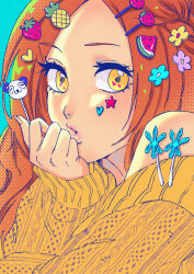  1girl bleach close-up commentary decora eyelashes flower food-themed_hair_ornament hair_flower hair_ornament hairclip hairpin hand_on_own_chin hand_up heart heart_hair_ornament heart_sticker highres inoue_orihime lips long_hair looking_at_viewer multiple_hairpins orange_hair parted_bangs pineapple_hair_ornament puckered_lips ribbed_sweater sidelocks sleeves_past_wrists solo star_sticker sticker_on_face strawberry_hair_ornament sweater watermelon_hair_ornament yellow_eyes yellow_sweater yshjsw 
