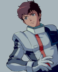  1boy amuro_ray brown_hair char&#039;s_counterattack earth_federation earth_federation_space_forces gundam highres looking_at_viewer male_focus normal_suit pilot_suit science_fiction short_hair simple_background solo spacesuit yy0880yy 