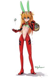 1girl :&lt; adapted_costume blue_eyes blush bodysuit breasts chibi closed_mouth collar easter full_body hair_between_eyes hair_ornament hair_ribbon heart_pasties highres interface_headset long_hair looking_to_the_side maho_malice medium_breasts meme_attire navel neon_genesis_evangelion orange_hair pasties plugsuit red_bodysuit revealing_clothes reverse_bunnysuit reverse_outfit ribbon shiny_clothes signature simple_background skin_tight small_breasts solo souryuu_asuka_langley standing tsundere white_background
