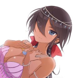 10s 1girl akagi_(fmttps) armlet artist_name black_eyes black_hair bow bracelet breasts circlet cleavage closed_mouth commentary dark-skinned_female dark_skin dress dutch_angle eyes_visible_through_hair girls_und_panzer hair_bow hair_over_one_eye hands_on_own_chest jewelry lips long_hair looking_at_viewer medium_breasts necklace ogin_(girls_und_panzer) ponytail portrait purple_dress red_bow simple_background smile solo twitter_username white_background rating:Sensitive score:9 user:danbooru