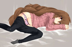  1girl black_pantyhose blush brown_hair closed_mouth clothes_pull female_focus hair_between_eyes hamo_tosaka highres long_hair looking_at_viewer lying nanase_yae on_side own_hands_clasped own_hands_together panties pantyhose pantyhose_pull pink_sweater red_eyes ribbed_sweater smile socks solo striped_clothes striped_panties sweater torikoro turtleneck turtleneck_sweater underwear vertical-striped_clothes vertical-striped_panties very_long_hair 