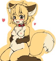  1girl animal_ears animal_hands barefoot blush breasts brown_eyes collar feet female_focus fox furry furry_female heart kagerofu lowres navel nipples nude open_mouth pregnant soles solo tail toes white_background  rating:Questionable score:48 user:Wolf-and-Spice