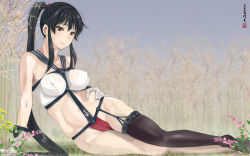 10s 1girl adapted_costume asymmetrical_legwear bare_legs bare_shoulders belly belly_grab black_hair breasts cloritin female_focus forest garter_straps gloves grass highres kantai_collection large_breasts long_hair lying midriff nature on_side outdoors ponytail red_eyes school_uniform scrunchie serafuku sidelocks single_thighhigh solo thighhighs uneven_legwear very_long_hair white_gloves yahagi_(kancolle) rating:Sensitive score:16 user:danbooru