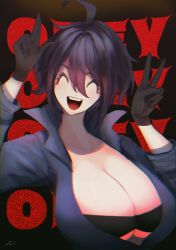  1girl black_gloves black_hair blue_jumpsuit breasts cleavage closed_eyes collarbone gloves hair_between_eyes highres huge_breasts indie_virtual_youtuber jumpsuit kataochi_chuuko large_breasts long_bangs open_jumpsuit open_mouth piz_doll short_hair solo standing strapless tube_top upper_body v virtual_youtuber 