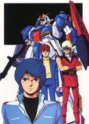  1980s_(style) 3boys amuro_ray beam_rifle belt blonde_hair blue_eyes blue_hair boots crossed_arms energy_gun gloves gundam highres jacket kamille_bidan key_visual looking_at_viewer mecha mobile_suit mullet multiple_boys official_art oldschool onda_naoyuki production_art promotional_art quattro_bajeena red_hair retro_artstyle robot scan science_fiction serious shield size_difference sunglasses traditional_media v-fin vest weapon zeta_gundam zeta_gundam_(mobile_suit) 