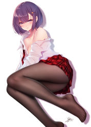1girl artist_name ass bare_shoulders black_pantyhose blush bob_cut breasts collarbone dated dress_shirt feet hair_between_eyes hair_ornament hairclip highres knees_together_feet_apart light_smile looking_at_viewer lying neck_ribbon no_shoes off_shoulder on_side open_clothes open_shirt original pantyhose plaid plaid_neckwear plaid_skirt pleated_skirt purple_eyes purple_hair red_neckwear red_skirt school_uniform shirt short_hair signature simple_background skirt solo undone_neck_ribbon yuanchuang rating:Sensitive score:18 user:danbooru