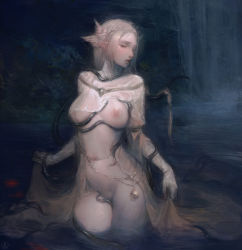  1girl blonde_hair breasts brown_dress cowboy_shot dark_souls_(series) dress dusk_of_oolacille female_pubic_hair gloves hair_ornament highres large_breasts long_dress long_hair nat_the_lich navel nipples one_eye_closed parted_lips pointy_ears pubic_hair river skirt_hold solo standing tentacles tentacles_under_clothes wading water waterfall white_gloves  rating:Explicit score:105 user:danbooru