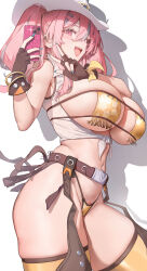  1girl absurdres azur_lane bandana_around_arm belt breasts bremerton_(azur_lane) colored_pubic_hair cowboy cowboy_hat female_pubic_hair fingerless_gloves from_side gloves hat highres holster huge_breasts looking_at_viewer looking_down medium_hair midriff multicolored_hair panties phone pink_hair pubic_hair pubic_hair_peek selfie shirt ssr_(azmr2828) streaked_hair thighhighs thighs tied_shirt twintails underwear v western white_shirt 