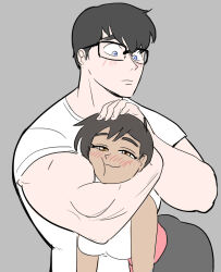  :3 bare_shoulders biceps black_hair black_pants blue_eyes blush broad_shoulders brown_eyes brown_hair cheek_squash choke_hold confused couple dark-skinned_female dark_skin dc_comics glasses grey_background hair_between_eyes hand_on_another&#039;s_head happy head_on_chest height_difference highres hug muscular muscular_male my_adventures_with_superman pale_skin pants rear_naked_choke red_sash sash shirt short_hair size_difference squinting strangling superman superman_(series) thecooleralexico thick_arms white_shirt worried 
