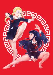  2girls absurdres bare_legs barefoot black_hair black_shirt blonde_hair blue_eyes blush braid collarbone commission feet fighting_stance full_body highres kung_fu leg_up legs_apart long_hair long_sleeves looking_at_another miniskirt multiple_girls open_mouth original pixiv_commission pleated_skirt red_background sailor_collar school_uniform serafuku shirt skirt standing teeth thighs tiptoes toes twin_braids uriens 