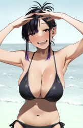  1girl :d arms_up beach bikini breasts brown_eyes cleavage commentary_request corrupted_twitter_file day elder_cousin_(igarashi_kyouhei) fingernails folded_hair folded_ponytail highres horizon igarashi_kyouhei large_breasts looking_at_viewer navel ocean open_mouth original outdoors purple_hair red_nails shading_eyes side-tie_bikini_bottom sidelocks smile solo swimsuit teeth tongue 