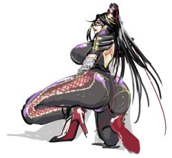 1girl ass back bayonetta bayonetta_(series) black_hair bodysuit breasts cameltoe curvy female_focus full_body glasses hair_ribbon high_heels huge_ass kneeling large_breasts latex lipstick long_hair looking_back makeup mole plump ribbon sega shiny_clothes shoes sideboob simple_background skin_tight solo squatting thick_thighs thighs white_background rating:Questionable score:58 user:SevenForce