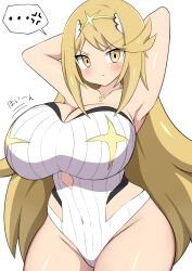  1girl armpits arms_up blonde_hair blush breasts cleavage gem hair_ornament headpiece highres huge_breasts jaga334 jewelry looking_at_viewer mythra_(radiant_beach)_(xenoblade) mythra_(xenoblade) nintendo solo swept_bangs swimsuit thighs tiara xenoblade_chronicles_(series) xenoblade_chronicles_2 yellow_eyes  rating:Sensitive score:24 user:darkmetaknight9