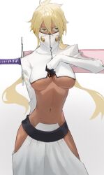 1girl absurdres arrancar bleach blonde_hair breast_tattoo breasts channyy19 colored_eyelashes dark-skinned_female dark_skin female_focus highres large_breasts navel number_tattoo revealing_clothes sheath sheathed solo sword tattoo tier_harribel underboob weapon