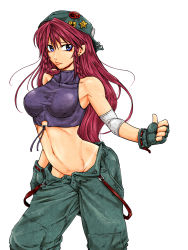  1girl alternate_costume bare_shoulders baseball_cap braid breasts clenched_hand contemporary female_focus fingerless_gloves gloves groin hat highres hong_meiling large_breasts ledjoker07 long_hair midriff navel no_panties pants red_hair shirt simple_background solo suspenders tan tanline taut_clothes taut_shirt touhou twin_braids white_background  rating:Sensitive score:32 user:danbooru